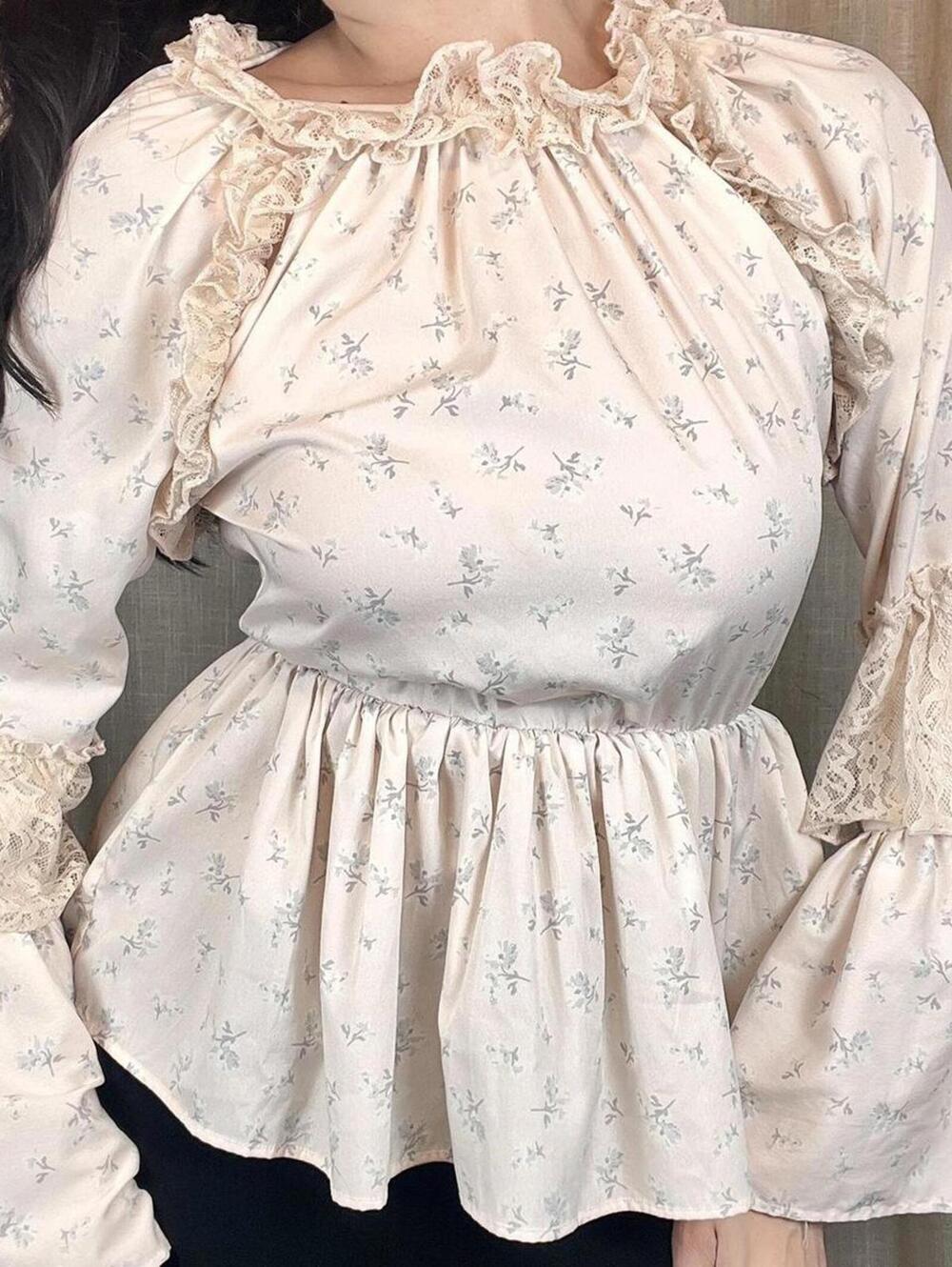 Floral Ruffle Blouse with Lace Trim
